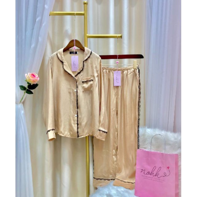 Bộ ngủ lụa trơn viền ren - NOHK