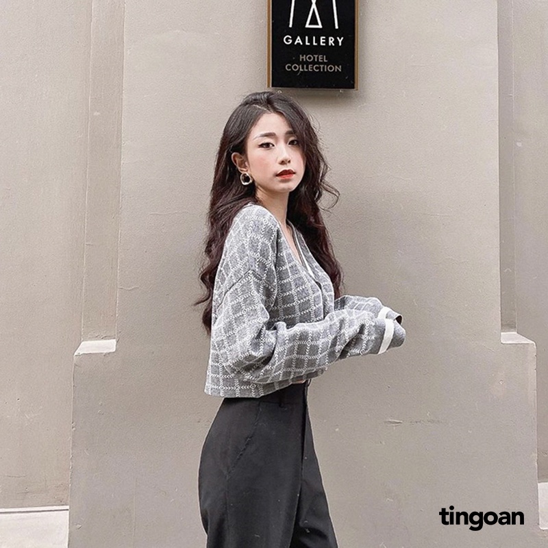 Áo khoác len croptop cardigan crop kẻ xám tingoan MISS BLING TOP/GR