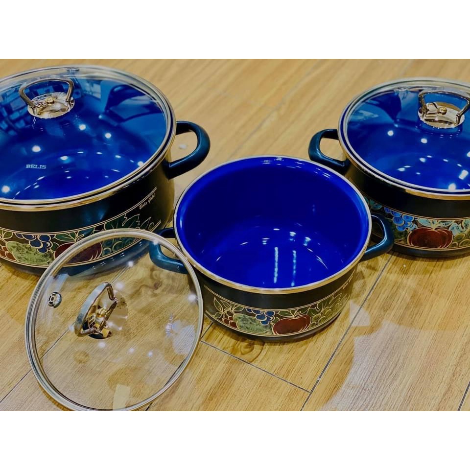 Bộ 3 nồi đúc nguyên khối tráng men gốm Belis - Nắp nồi thủy tinh - hàng nhập khẩu Tiệp Khắc - Màu xanh siêu đẹp