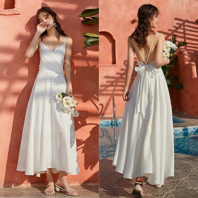 [Mã FATHANG5 giảm 10K đơn 50K] ♥️ ĐẦM MAXI TRẮNG 2 DÂY NƠ LƯNG ♥️ | BigBuy360 - bigbuy360.vn