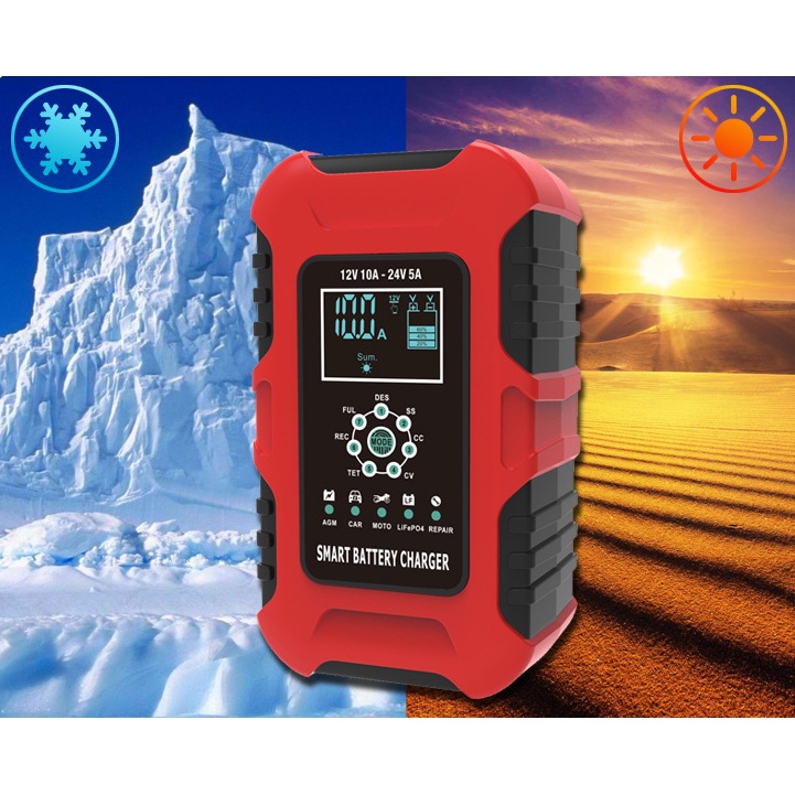 Sạc bình ắc quy 12V 24V 10A Foxsur 150AH sạc pin sắt LiFeP04 cho ô tô xe máy các loại khô mước chống phồng bảo vệ ắc quy