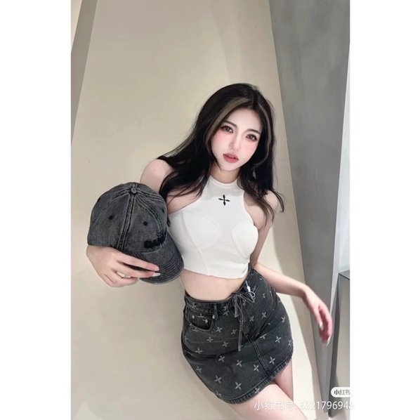 Chân váy denim cạp cao logo thương hiệu SMFK cao cấp mẫu mới xuân hè