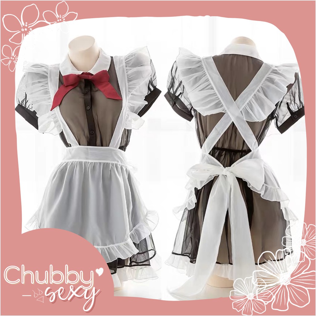 Cosplay Sexy Hầu Gái - Siêu phẩm set đồ cô hầu gái ren đen yếm trắng nơ đỏ - CPL16 - Chubby.sexy