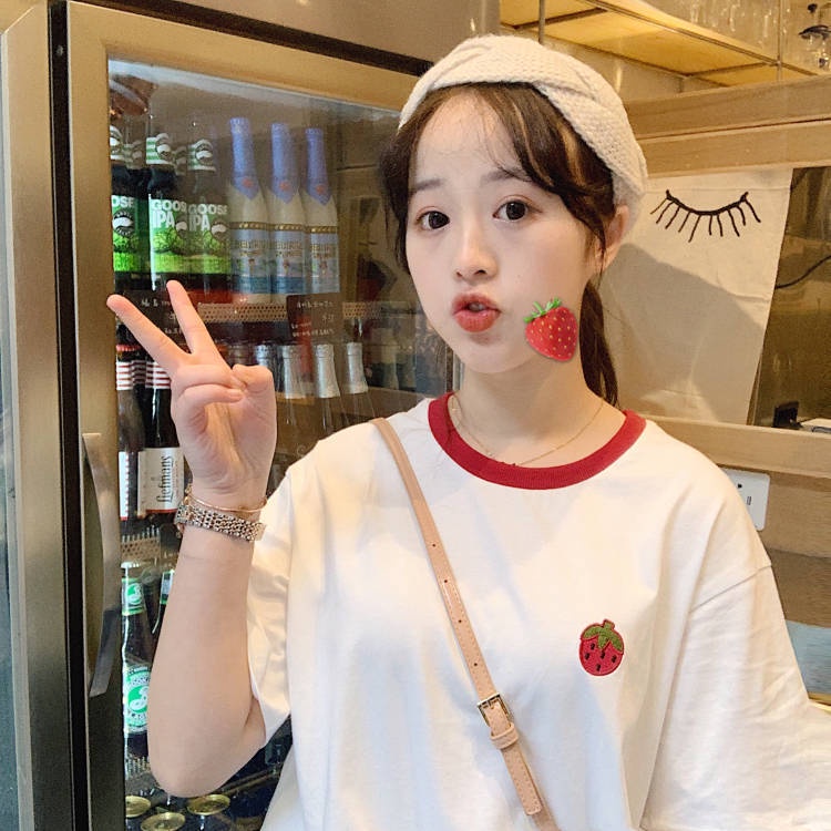 Áo Thun Tay Ngắn Dáng Rộng Thêu Hình Dâu Tây Phong Cách Hàn Quốc Dễ Phối Đồ Thời Trang Cho Nữ Áo phông Nữ NZ-TX-171
