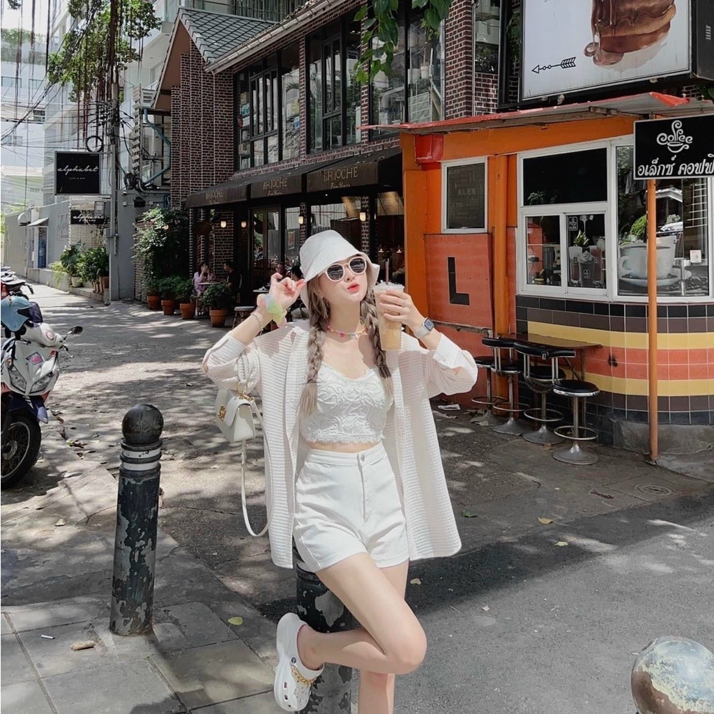 Set bộ đồ nữ 3 món áo ren tone trắng mix áo khoác form rộng ngoài sáng da thể thao, xinh xắn dành cho các nàng yêu