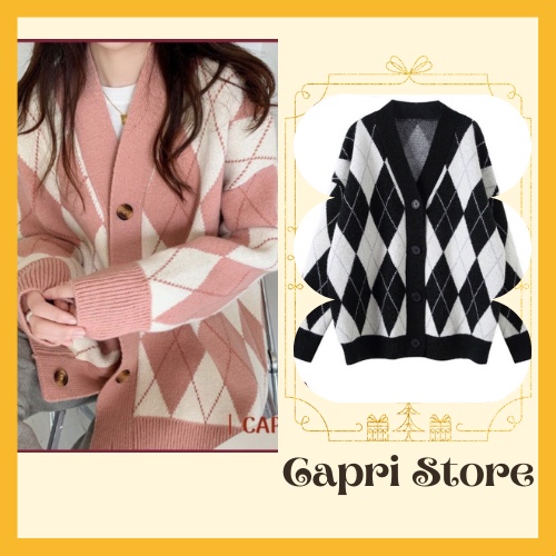 Áo khoác cadigan lông thỏ dáng rộng hoạ tiết kim cương, áo khoác len phong cách Hàn Quốc - CAPRI STORE Len04