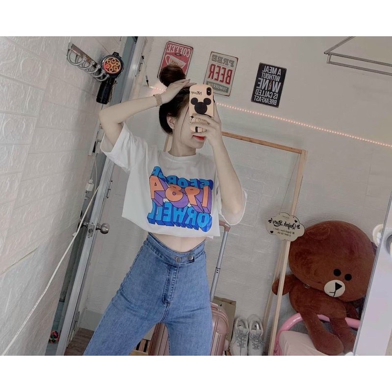 [Mã FAMAYWA giảm 10K đơn 50K] Áo thun giấy croptop trắng from rộng in chữ dễ thương tay ngắn cổ tròn