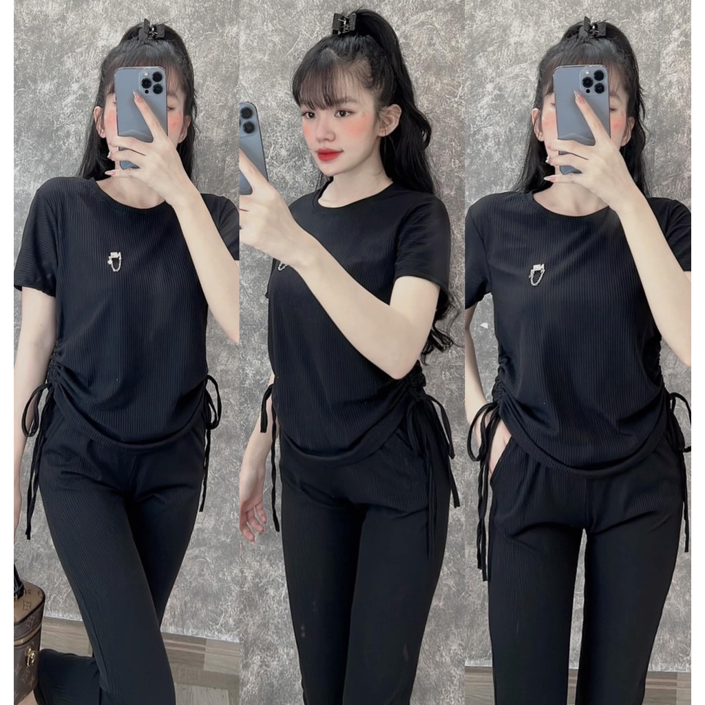 Đồ bộ nữ, set đồ bộ quần legging đai cao có túi và áo ôm ngắn tay rút dây vải thun cotton gân, đồ mặc ở nhà