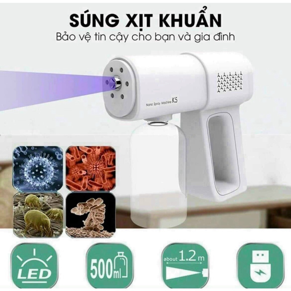 Máy xịt khử khuẩn cầm tay phun sương nano diệt khuẩn K5 Pro cao cấp với 8 mắt UV, phun diệt khuẩn xa 1.5m Loại cao cấp