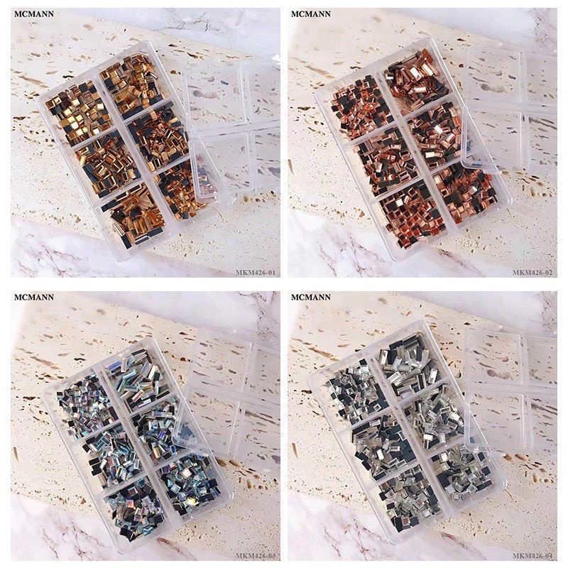 Đá đính móng,đá khay chân bằng mix size 6 ô khay hình chữ nhật