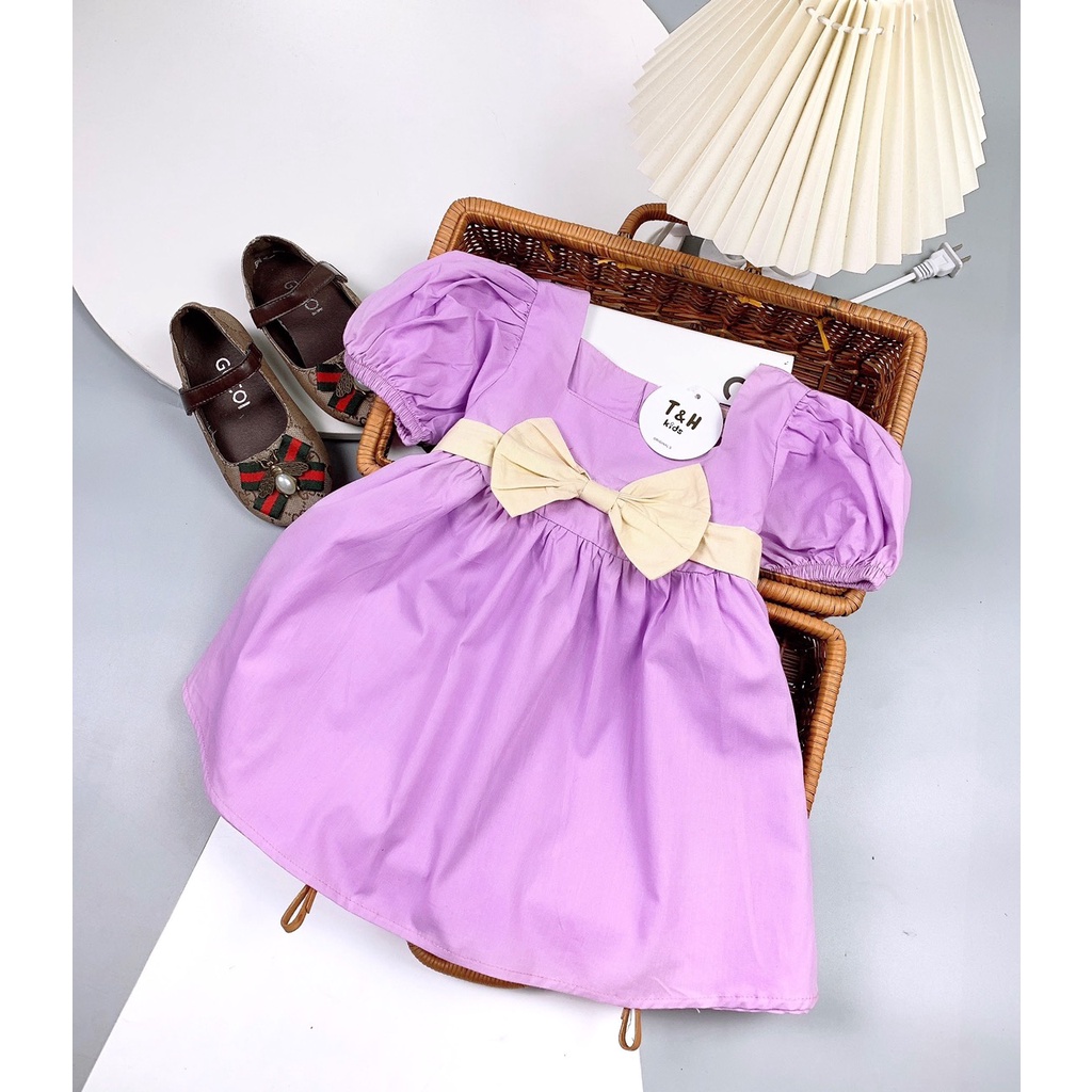 Váy bé gái babydoll cổ vuông tay bồng nơ ngực - đầm công chúa chất thô mềm cực xinh cho bé từ 8 đến 20 kg