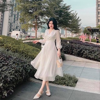 Đầm váy freesize trắng cổ V form dài thắt eo