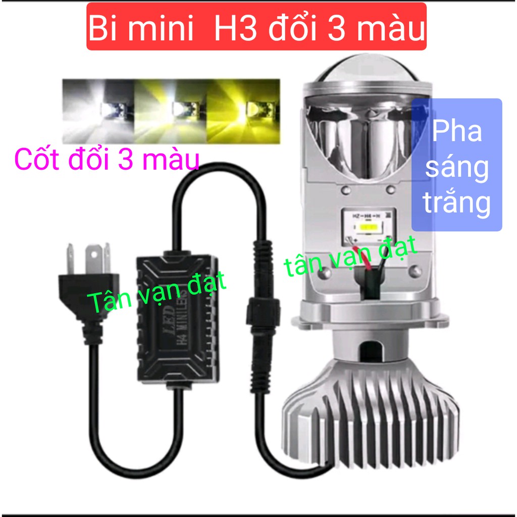 đèn pha Led Bi cầu Mini chân H4 Cốt đổi 3 màu năm 2020