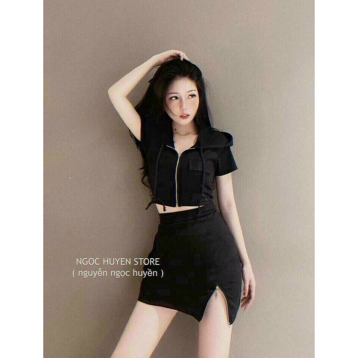 Set váy thun áo tay ngắn có khóa kéo váy ngắn ôm khóa kéo xẻ đùi, set váy hai món kèm ảnh thật