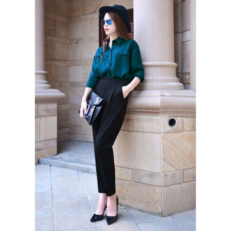 Quần baggy vải nữ cạp cao dáng công sở - cạp liền phối 2 cúc lệch - chất vải tuyết mưa - form bigsize màu đen kem | BigBuy360 - bigbuy360.vn