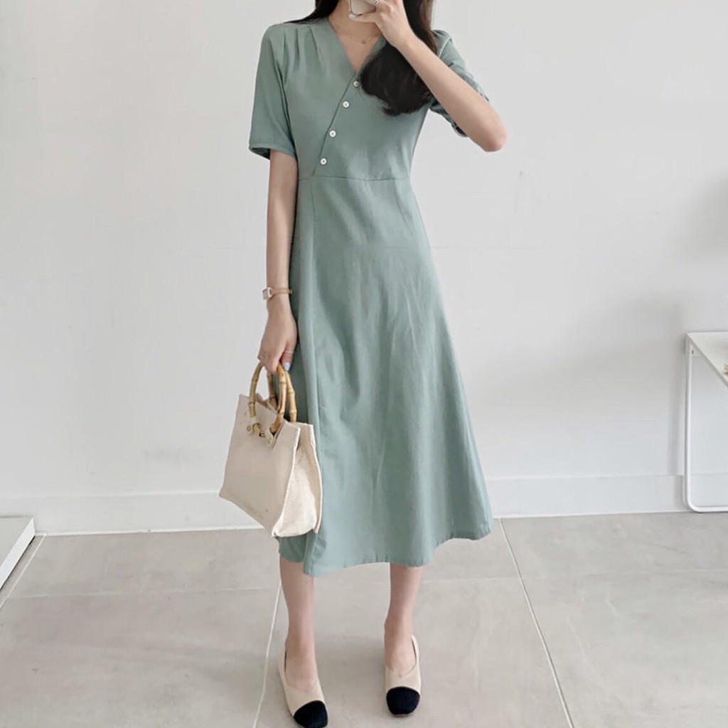 Đầm Xòe Đắp Chéo Đính NÚt Cột Nơ Sau Ms104