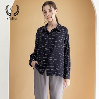 [Mã FASHIONMALLT4 giảm 15% đơn 150k] Áo sơ mi nữ Callia tay dài cổ chữ V họa tiết chữ Hana (Đen)