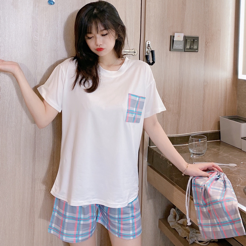 summer women white short-sleeved T-shirts and plaid shorts sleepwear set 2 pieces included cloth bag M-XXL