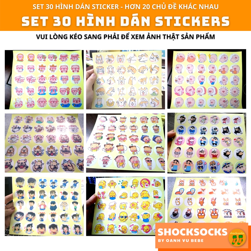 🔥30 HÌNH DÁN STICKER dạng tròn – hình CU SHIN/ DORAEMON/HELLO KITTY/CONAN 🔥