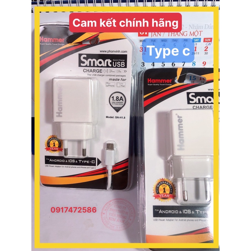 Type C- Bộ Sạc Hammer Dòng Điện 1.8A Chuôi Type C - HÀNG CHÍNH HÃNG BẢO HÀNH 12 THÁNG