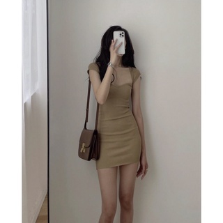 Đầm dệt kim ngắn tay cổ vuông dáng body phong cách Hàn Quốc freesize