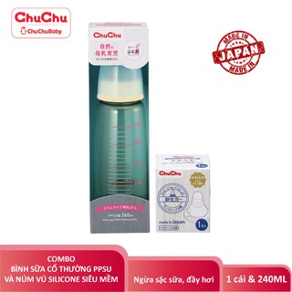 Combo bình sữa PPSU 240ml + 1 núm vú silicon siêu mềm Chuchu Baby chính hãng