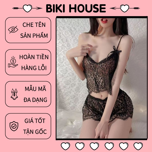 Đồ ngủ nữ mỏng áo 2 dây xuyên thấu gợi cảm set ngủ mặc nhà ren họa tiết hoa đen đỏ trắng dễ thương BIKI HOUSE N106 - HCM