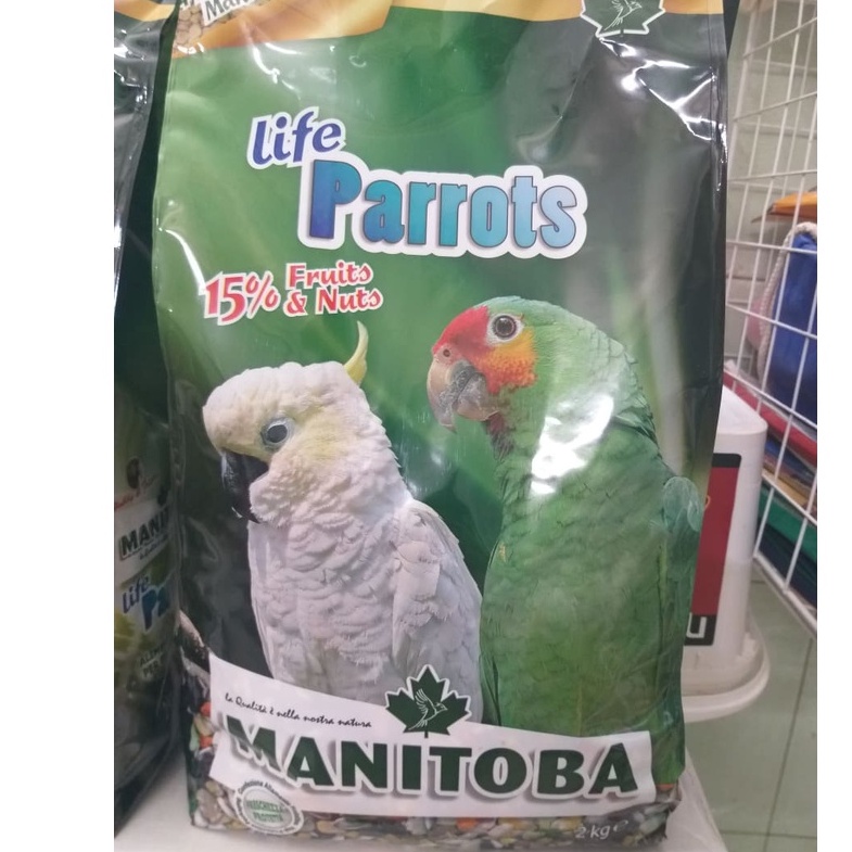 Hạt trộn hoàn chỉnh LIFE PARROTS manitoba gói nguyên 2kg dùng cho vẹt amazon, cookato và các dòng cùng size