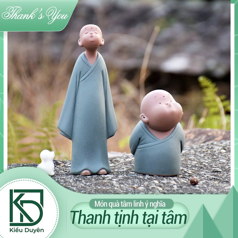 ( Gốm tử sa - gốm cao cấp ) Bộ tượng hai chú tiểu huynh đệ béo và gầy