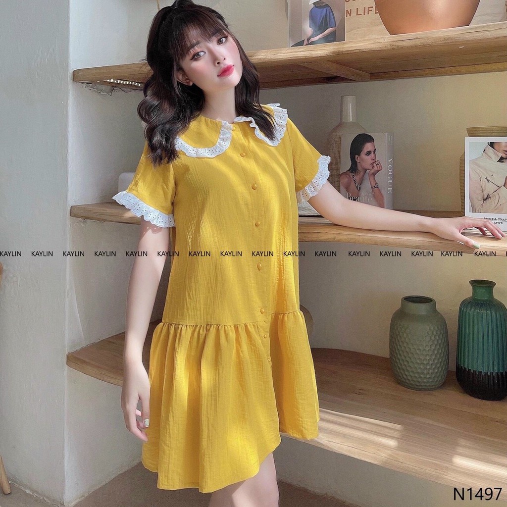 đầm ngắn baby đính nút cổ bẻ phối viền ngắn tay