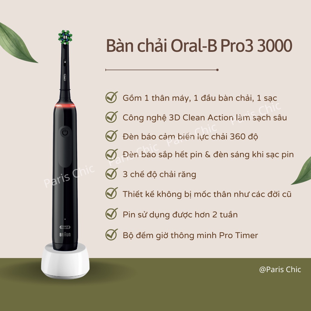 Bàn chải điện Oral-B Pro3 dòng cao cấp đã kèm sạc và đầu bàn chải thiết kế không bị mốc thân