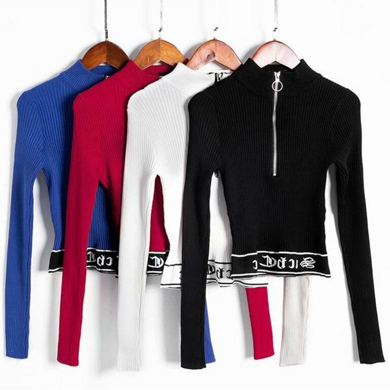 Áo thun sweater ôm body cổ cao dài tay phối khóa kéo