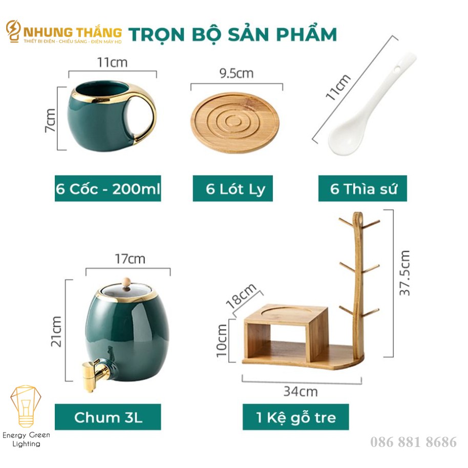 Bộ Chum Trà 6 Ly Bằng Sứ Cao Cấp - Dung Tích 3L - Tặng Kèm Kệ Gỗ - Chum Trà Sứ Đa Năng Nước Detox, Nước Hoa Quả,Trà Nóng