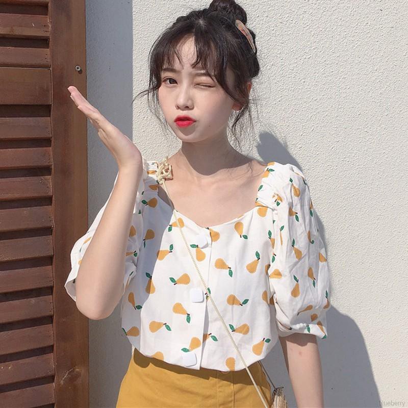 Áo Blouse nữ tay ngắn cổ chữ U in hình trái cây thời trang Hàn Quốc