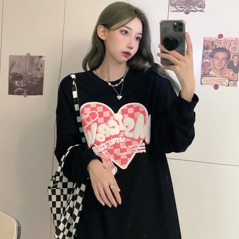 Áo sweater XINLANYASHE dài tay phối nhung họa tiết graffiti trái tim cho cặp đôi