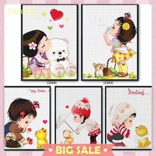 Tranh vải canvas thêu chữ thập hình bé gái và động vật dễ thương trang trí nhà ở 11Ct