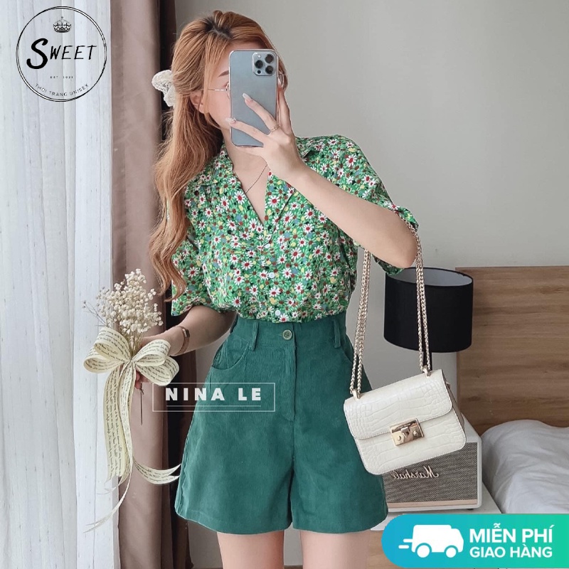 Set đồ nữ đi chơi sơ mi quần đùi SB68,set đồ nữ chất đũi lụa QC mềm min,quần tăm nhung