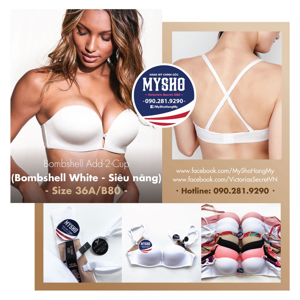 Áo lót Bombshell siêu nâng A70, B70, A75, B75, A80, B80, B85 màu nude, tháo dây, add 2 cup - Victoria's Secret USA