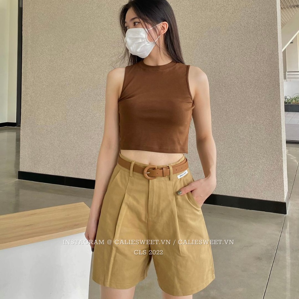 Quần đùi kaki nữ Caliesweet quần short cạp cao kèm thắt lưng da