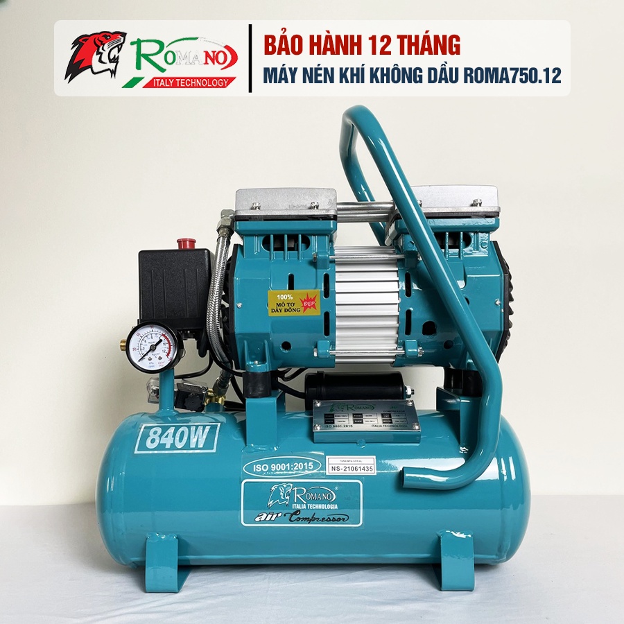 Máy nén khí không dầu ROMANO ROMA750.12 công suất 840W dung tích bình 12L chính hãng