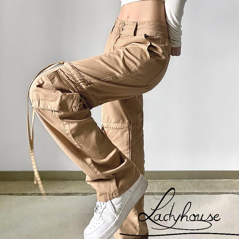 Quần Kaki Dài Lưng Cao Nhiều Túi Màu Trơn Thời Trang Dành Cho Nữ