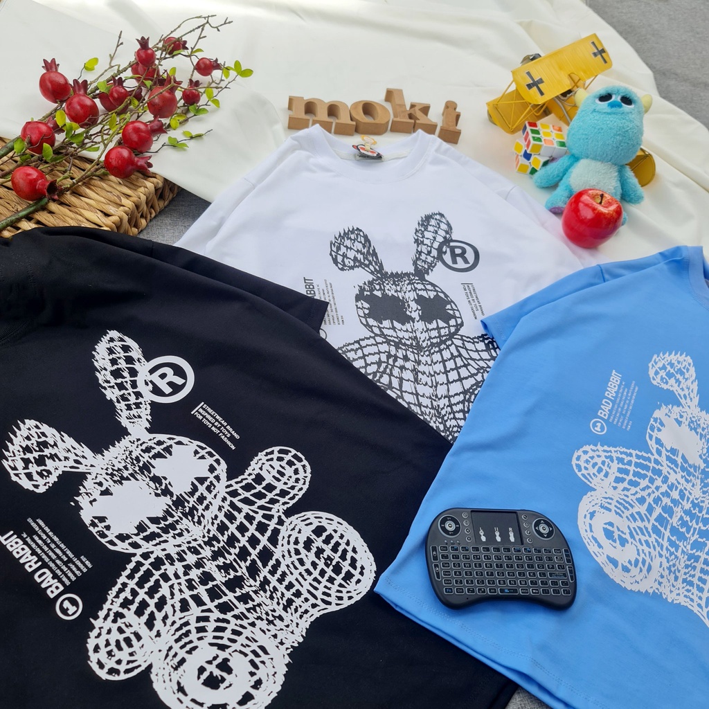 Áo phông áo thun nam nữ tay lỡ from rộng freesize chất cotton thoáng mát in thỏ lưới xung quanh mokishop