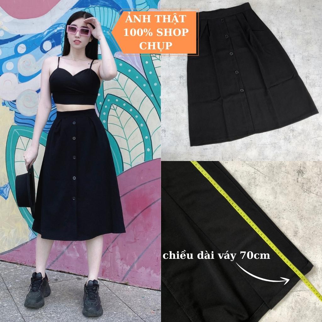 Chân Váy Dài Midi Dáng Xòe Phối 5 Nút Giữa Siêu Đẹp