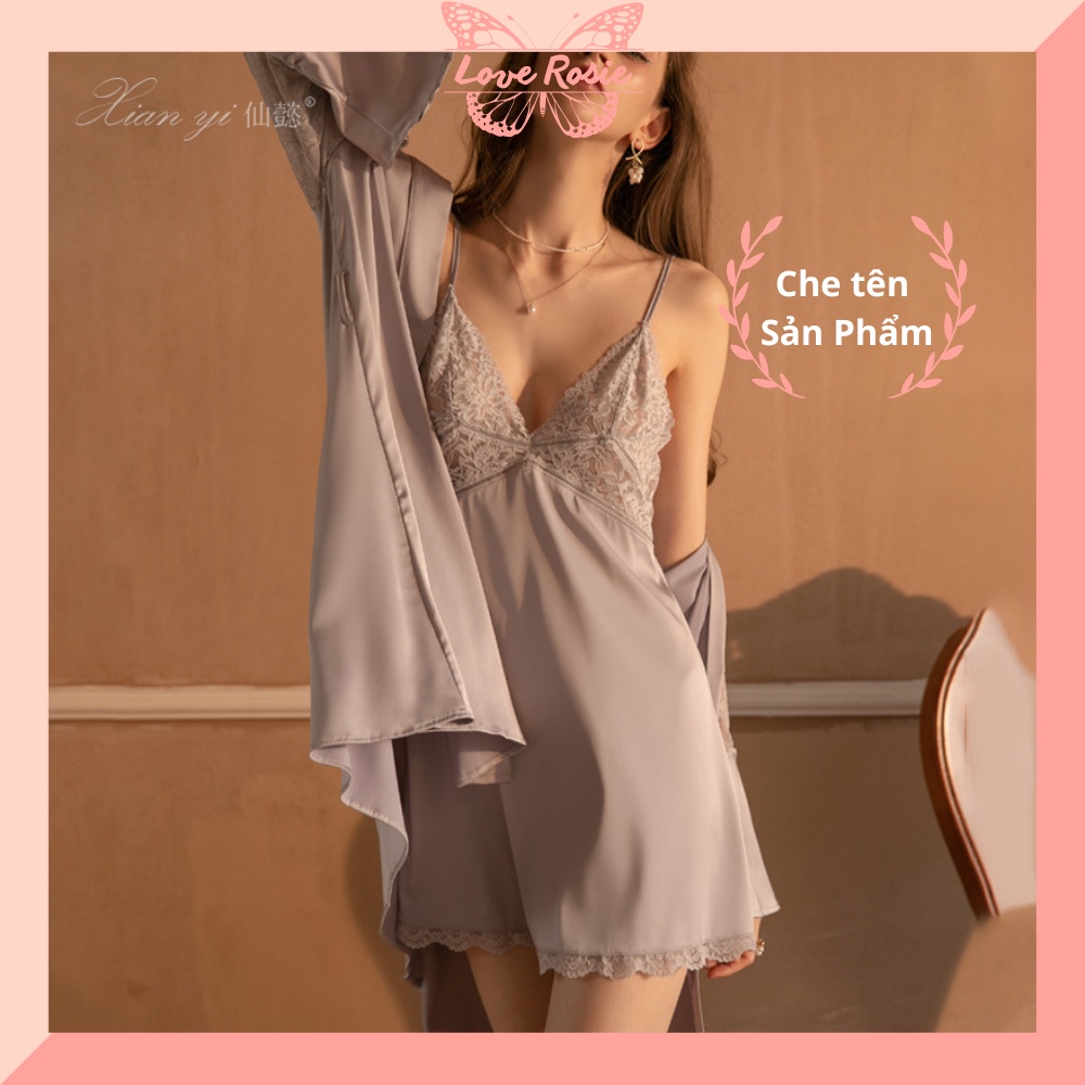 Đầm ngủ lụa sexy, Váy ngủ sexy lụa mỏng có kèm áo choàng gợi cảm quyến rũ LOVE ROSIE V17
