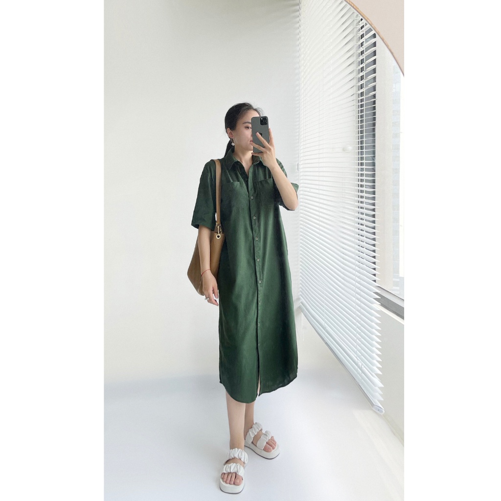 Váy sơ mi cộc tay dáng dài, Váy linen cao cấp che khuyết điểm tôn dáng, Macs Aster Dress