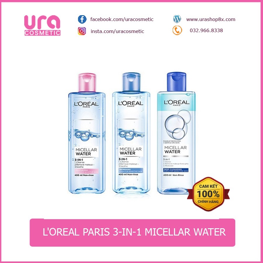 Nước tẩy trang cho mọi loại da L'Oreal Paris 3-in-1 Micellar Water 400ml