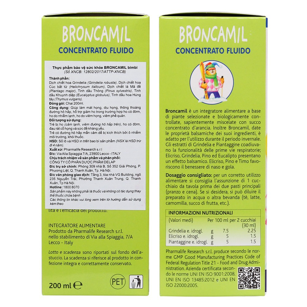 Fitobimbi Broncamil - Hỗ trợ giảm ho đờm, ho do nhiễm lạnh, viêm họng, viêm phế quản (Chai 200ml)