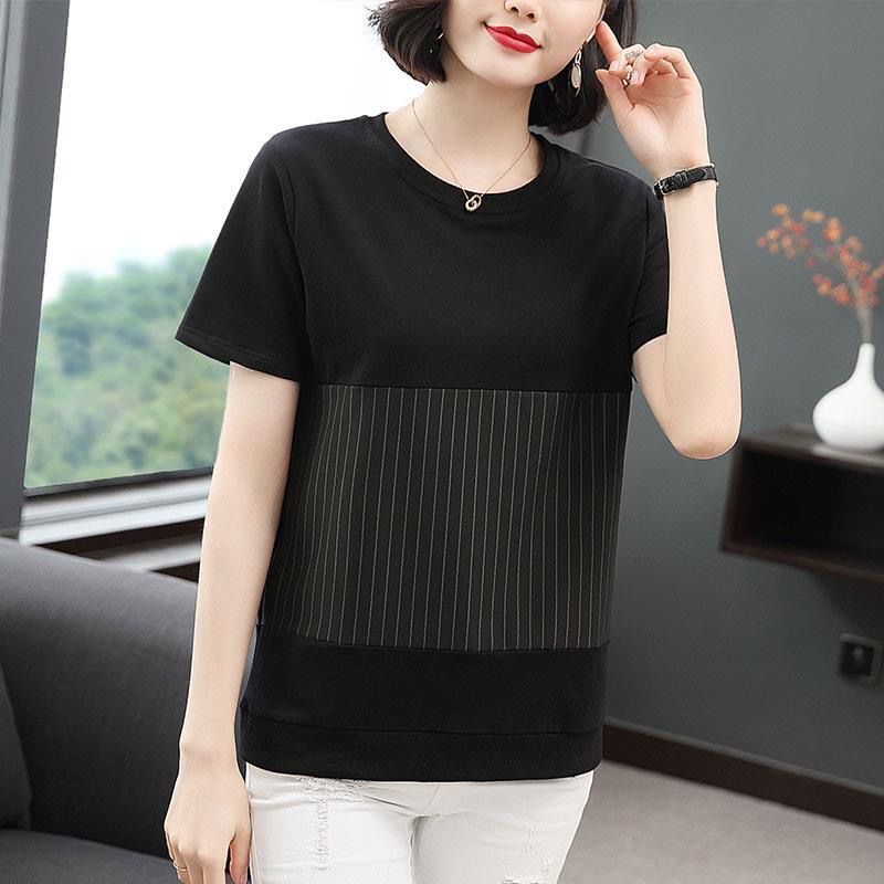 Áo Thun cotton Ngắn Tay Cổ Tròn Dáng Rộng Họa Tiết Kẻ Sọc Màu Đen Thời Trang Mùa Hè Cho Phụ Nữ Trung Niên