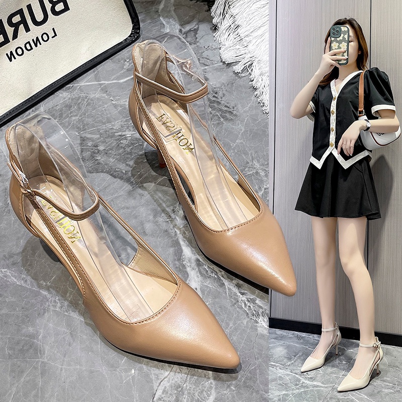 Giày Cao Gót Da Mũi Nhọn Dây Mắt Cá Chân Màu Đen Thời Trang Công Sở Cho Nữ