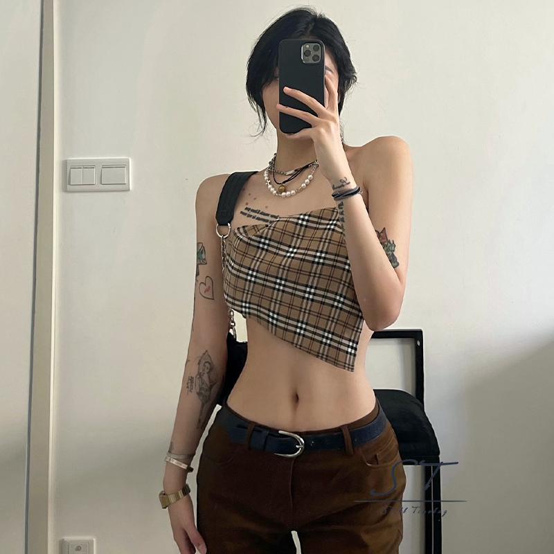 Áo Tank Top Không Tay Hở Vai In Họa Tiết Kẻ Ô CY03- Thời Trang Cho Nữ